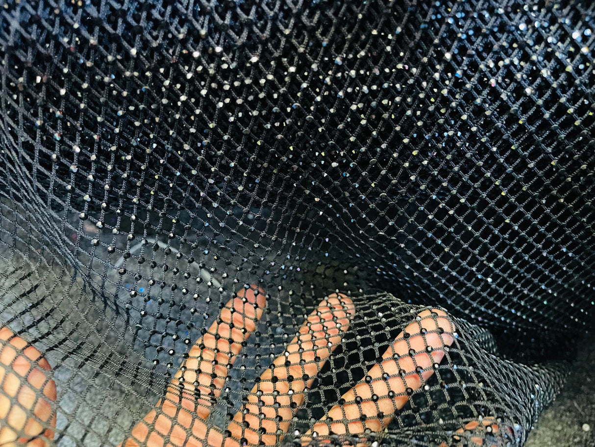 AB Rhinestones On A Fish Net Polyester Fabric - Iridescent Rhinestone Mesh, 1 Yard