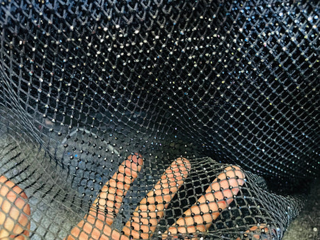 AB Rhinestones On A Fish Net Polyester Fabric - Iridescent Rhinestone Mesh, 1 Yard