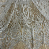 1 Yard Beaded & Corded Bridal Lace Fabric Embroidered on 100% Polyester Net Mesh