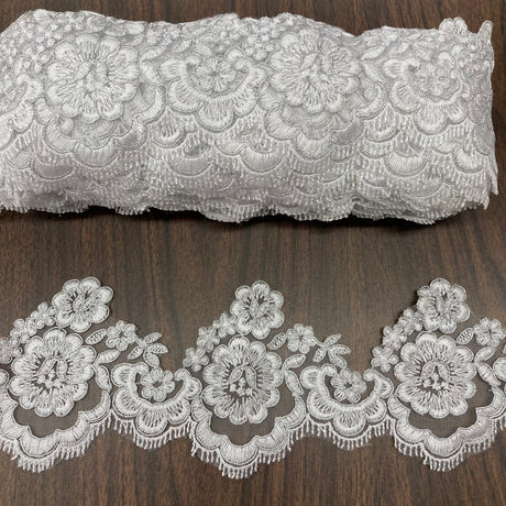 Corded Lace Trimming Embroidered On 100 Percent Polyester Net Mesh Fabric - Gold, Ivory With Silver, White With Silver, White, 4" Width (1 Yard)