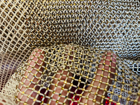 AB Rhinestones On A Fish Net Polyester Fabric - Iridescent Rhinestone Mesh, 1 Yard