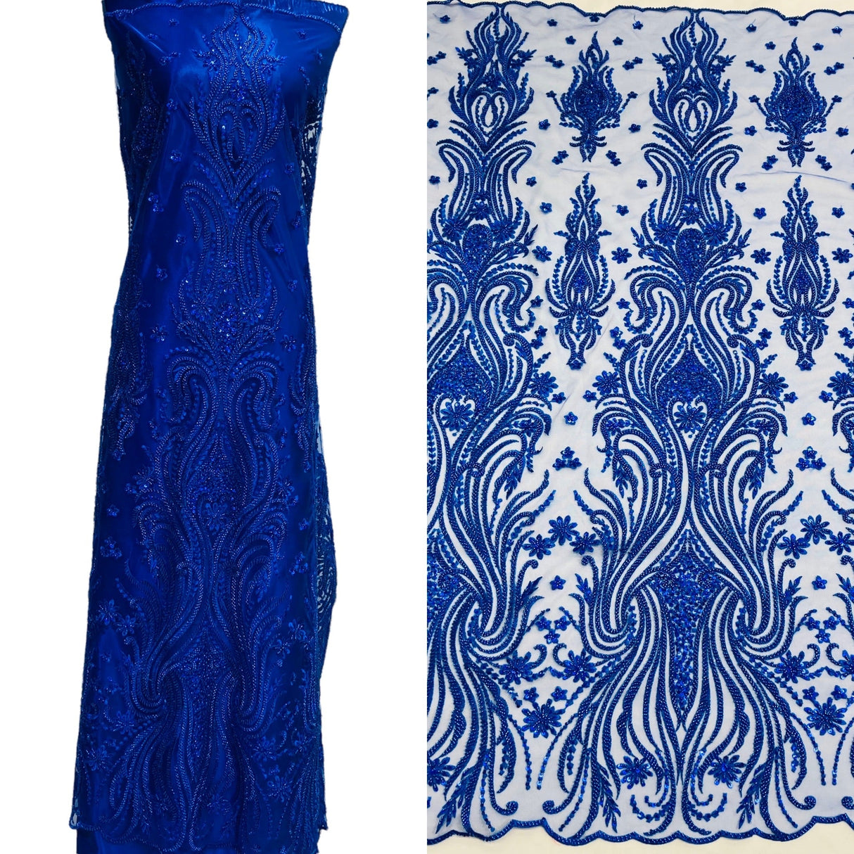 GD-114 Beaded Lace Fabric - Embroidered On 100% Polyester Net Mesh, Royal Blue/Lilac, 52" Width (1 Yard)
