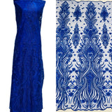 GD-114 Beaded Lace Fabric - Embroidered On 100% Polyester Net Mesh, Royal Blue/Lilac, 52" Width (1 Yard)