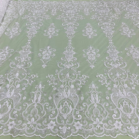 Beaded Sequined Lace Fabric - Ivory, White, 54" Width (1 Yard)