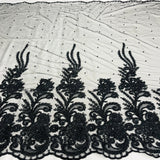 Black Beaded Corded Bridal Lace Fabric 56" Wide