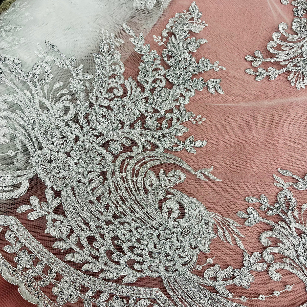 Beaded Corded Bridal Lace Fabric - Embroidered Polyester Net Mesh, 50" Width, Gold, Silver, Ivory, White (1 Yard)