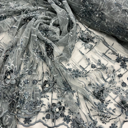 1 Yard Beaded Rhinestone 3D Floral Lace Fabric Embroidered 100 Percent Polyester Net Mesh 50 inch Width