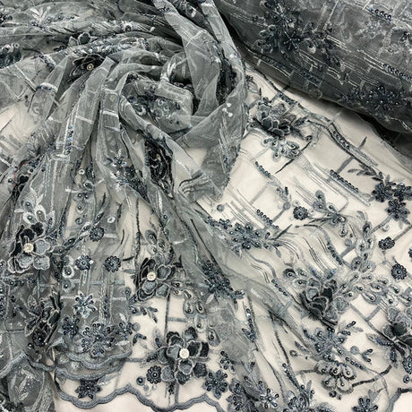 1 Yard Beaded Rhinestone 3D Floral Lace Fabric Embroidered 100 Percent Polyester Net Mesh 50 inch Width