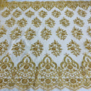 Beaded Corded Bridal Lace Polyester Fabric - Embroidered Net Mesh, Royal Blue, 53" Width (1 Yard)