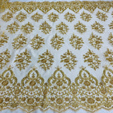 Beaded Corded Bridal Lace Polyester Fabric - Embroidered Net Mesh, Royal Blue, 53" Width (1 Yard)