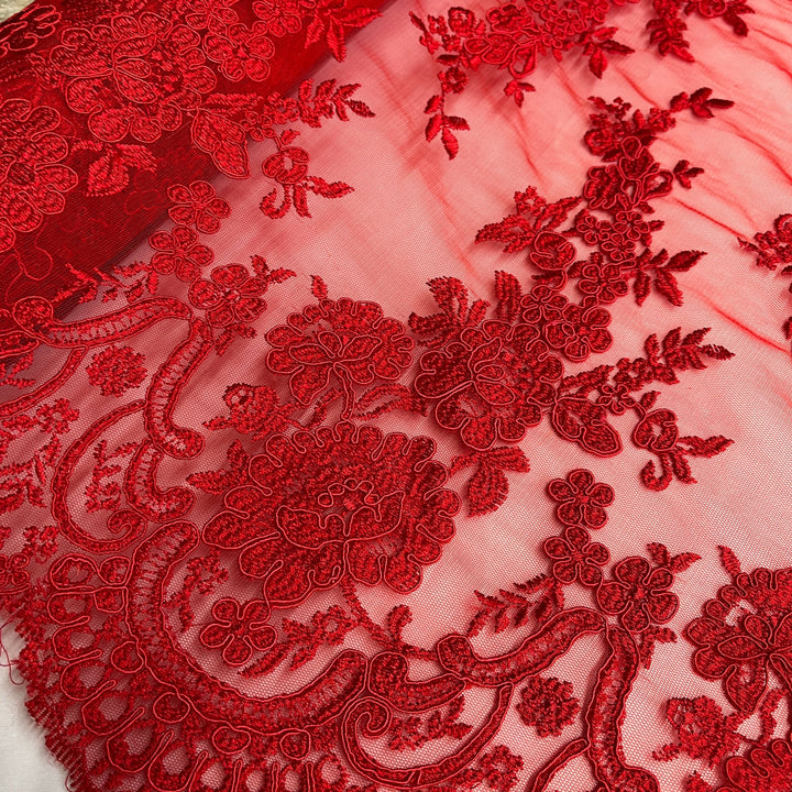 1 Yard Exquisite Corded Bridal Lace Fabric with Embroidered Floral Details White