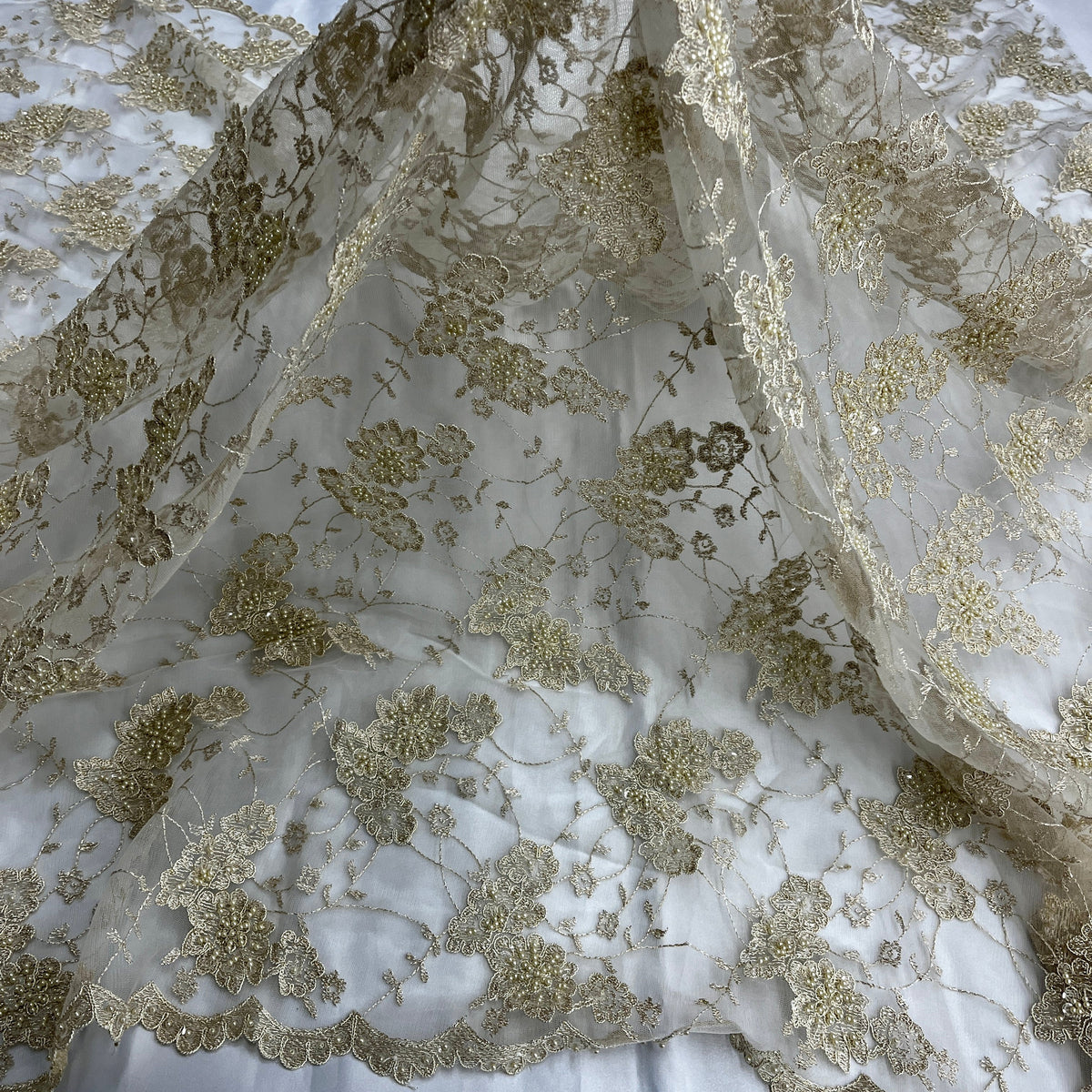 1 Yard Beaded & Corded Lace Fabric Embroidered on 100% Polyester Net Mesh 52" Wide