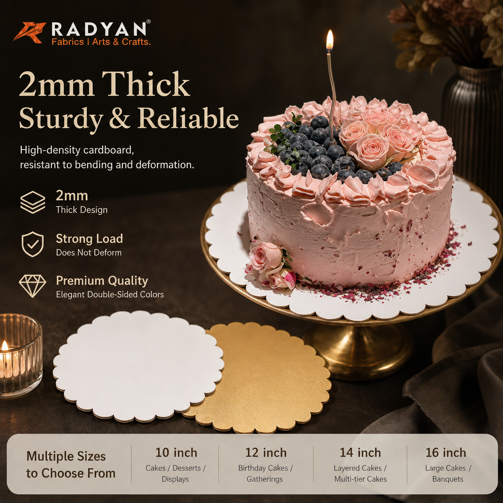RADYAN 2mm Thick Food Grade Cake Board Waterproof Round Scalloped Cake Tray