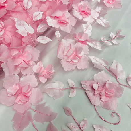 3D Floral Lace Fabric - Embroidered 100 Percent Polyester Tulle, 3D Satin Flowers And Leaves, 60" Width (1 Yard)
