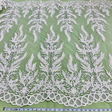 1 Yard Beaded and Corded Bridal Fabric Lace Embroidered on Polyester Net Mesh 51 inch Width