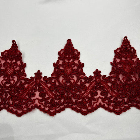 Corded Lace Trimming Embroidered On 100 Percent Polyester Net Mesh Fabric - Floral Corded Embroidery, 6" Wide (1 Yard)