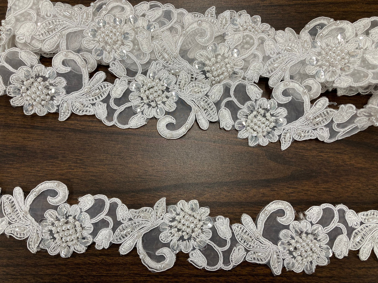 Beaded Corded Lace Trimming Embroidered On 100 Percent Polyester Organza Fabric - 2" Width, 21 Colors (1 Yard)
