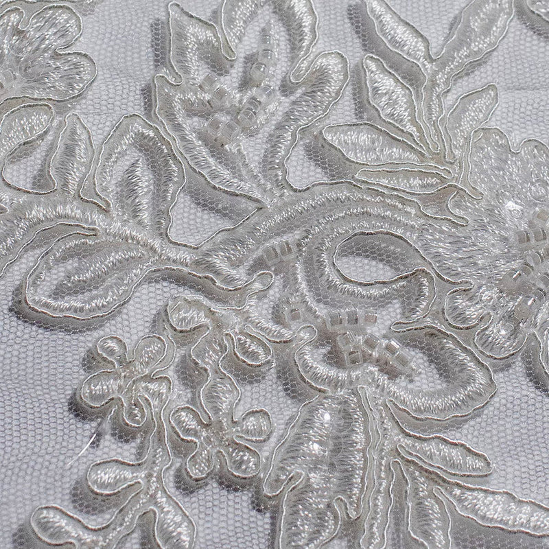 1 Yard Beaded and Corded Bridal Lace Fabric Embroidered on Polyester Net Mesh Width 52 inches