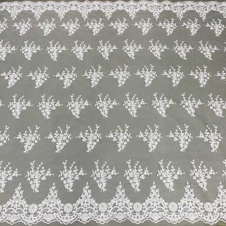 1 Yard Beaded and Corded Bridal Lace Fabric Embroidered on 100% Polyester Net Mesh White