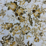 1 Yard Beaded & Sequined Lace Fabric Embroidered on 100% Polyester Net Mesh | Ivory with Gold