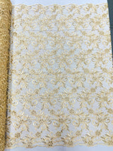 Estrella Corded Flowers Embroider With Sequins Mesh Lace Fabric - Floral Embroidered, Double Scallop, 50-54" Width, 36" Length (1 Yard)