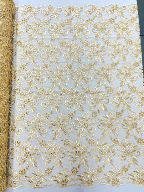 Estrella Corded Flowers Embroider With Sequins Mesh Lace Fabric - Floral Embroidered, Double Scallop, 50-54" Width, 36" Length (1 Yard)