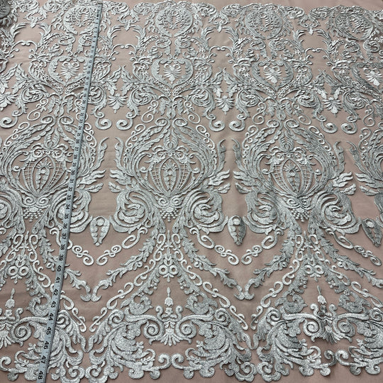 1 Yard Elegant Corded Bridal Lace Fabric Embroidered on Polyester Net Mesh