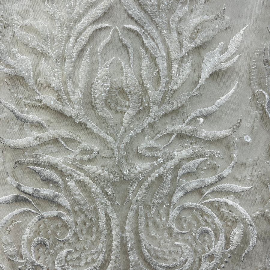 1 Yard Beaded Lace Fabric Embroidered on 100% Polyester Net Mesh | Off White