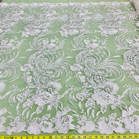 1 Yard - Corded & Sequined Bridal Lace Fabric Embroidered on 100% Polyester Net Mesh - 54"