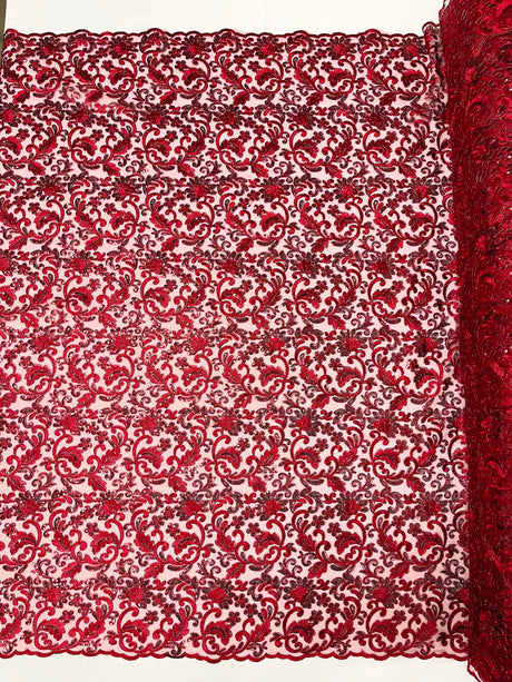 Angela Metallic Corded Lace Fabric - Embroidered Sequins Mesh Lace, Double Scallop Edge, 50-54" Width (1 Yard)