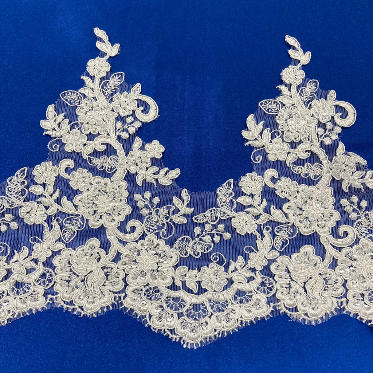 Beaded & Corded Lace Trimming Polyester Fabric - Embroidered Net Mesh, 11" Width (1 Yard)
