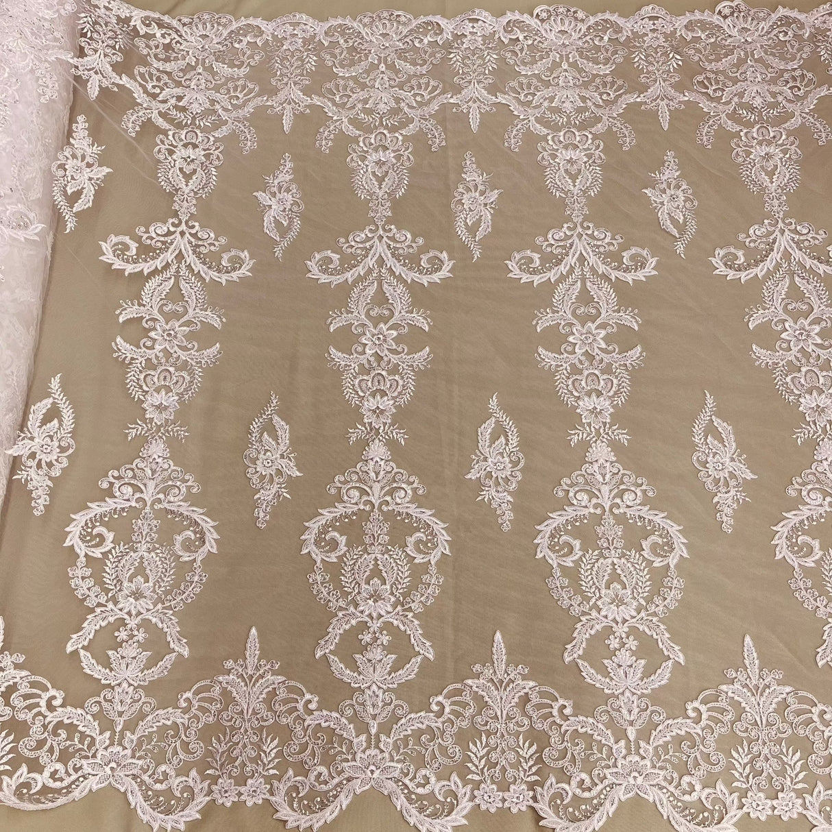 Beaded Corded Bridal Lace Fabric 51" White Ivory