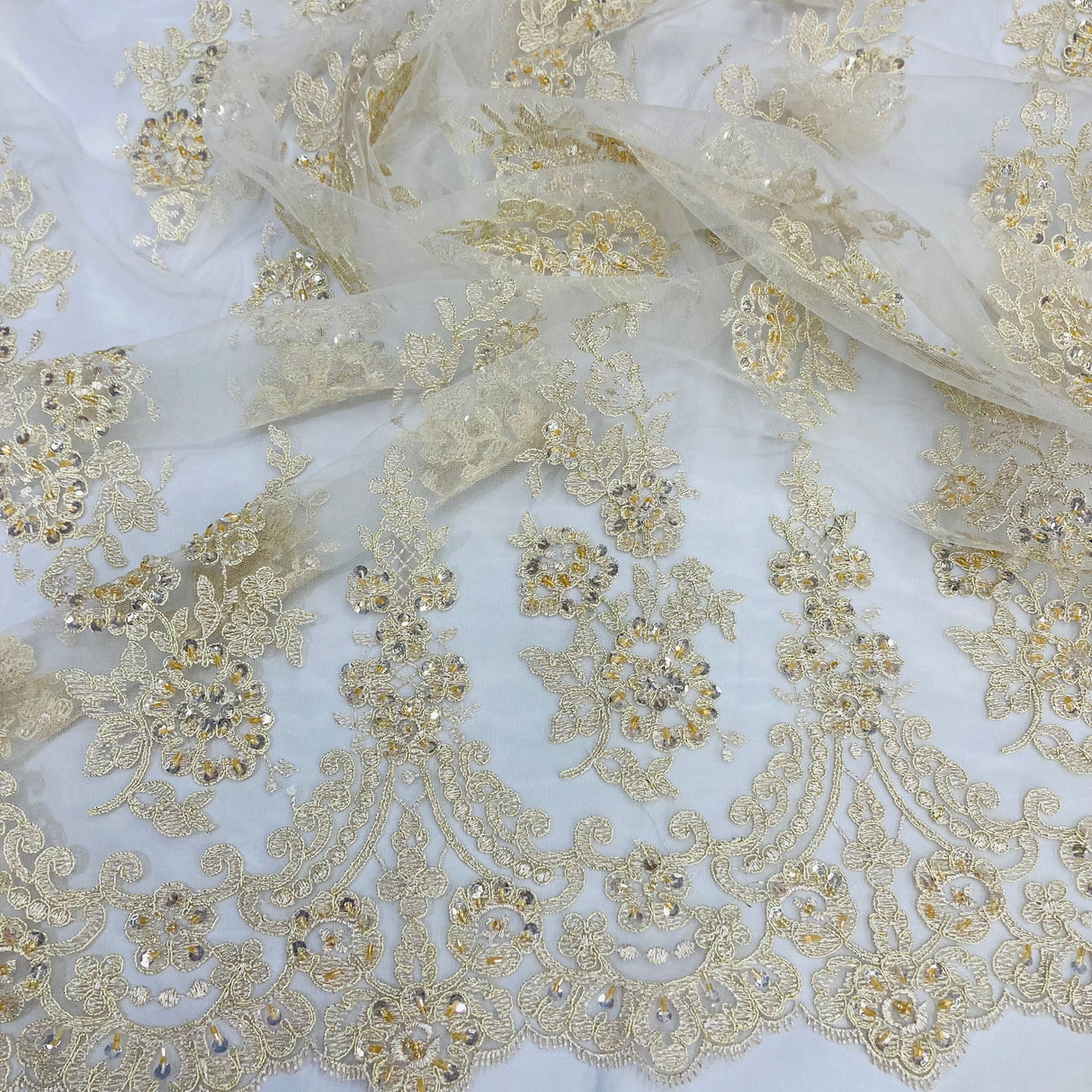 Beaded Corded Lace Fabric on Polyester Net Mesh
