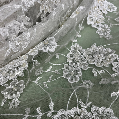 Beaded Corded Lace Fabric - Embroidered 100 Percent Polyester Net Mesh, 52" Width (1 Yard)