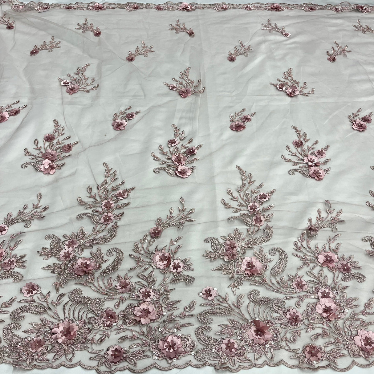 Beaded 3D Floral Lace Polyester Fabric - Black, Dusty Rose, Vanilla, 51" Width (1 Yard)