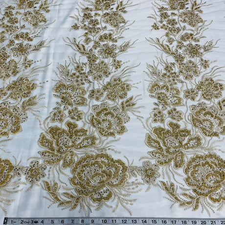 1 Yard Exquisite Beaded Lace Fabric Embroidered on 100% Polyester Net Mesh White