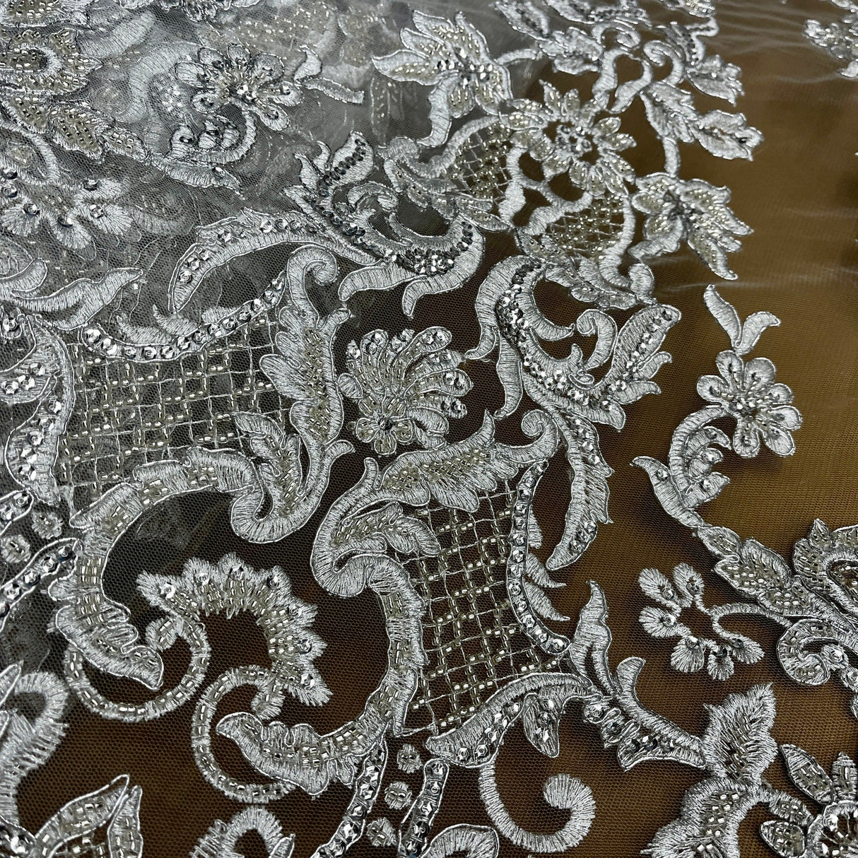 Beaded Corded Bridal Lace Fabric