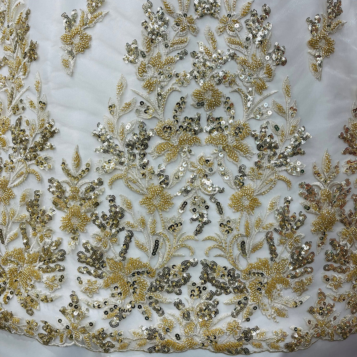 Beaded Lace Fabric Embroidered On 100 Percent Polyester Net Mesh - Gold, Silver, 52" Wide (1 Yard)
