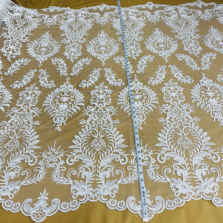 1 Yard Silver Corded Bridal Lace Fabric Embroidered on Polyester Net Mesh Floral Design 52 Inch Width