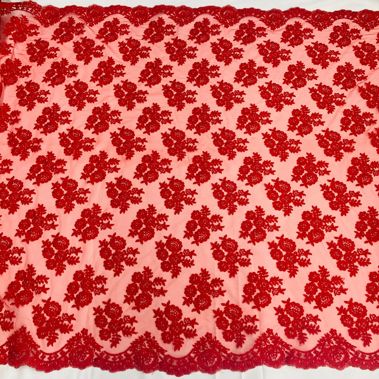 Beaded Corded Bridal Lace Fabric - Embroidered Polyester Net Mesh, 48" Width, Black, Red (1 Yard)