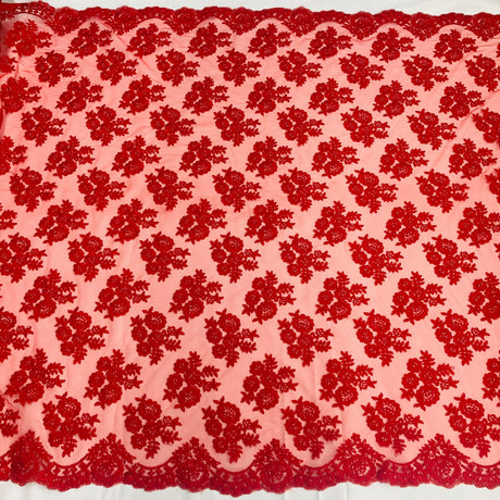 Beaded Corded Bridal Lace Fabric - Embroidered Polyester Net Mesh, 48" Width, Black, Red (1 Yard)