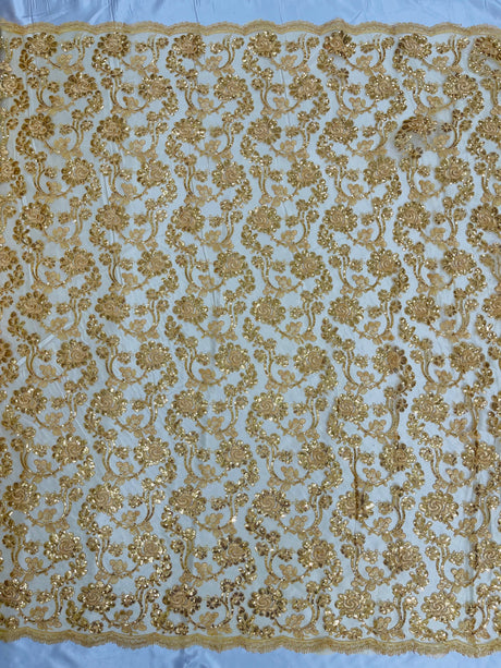 Pamela Floral Lace Polyester Fabric - Floral Corded Embroidered Sequin Lace, 50-54" Width (1 Yard)