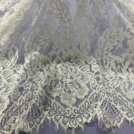 Beaded Chantilly Embroidered Lace Fabric - Off White Eyelash Scallop, 56" Width (3 Yards)