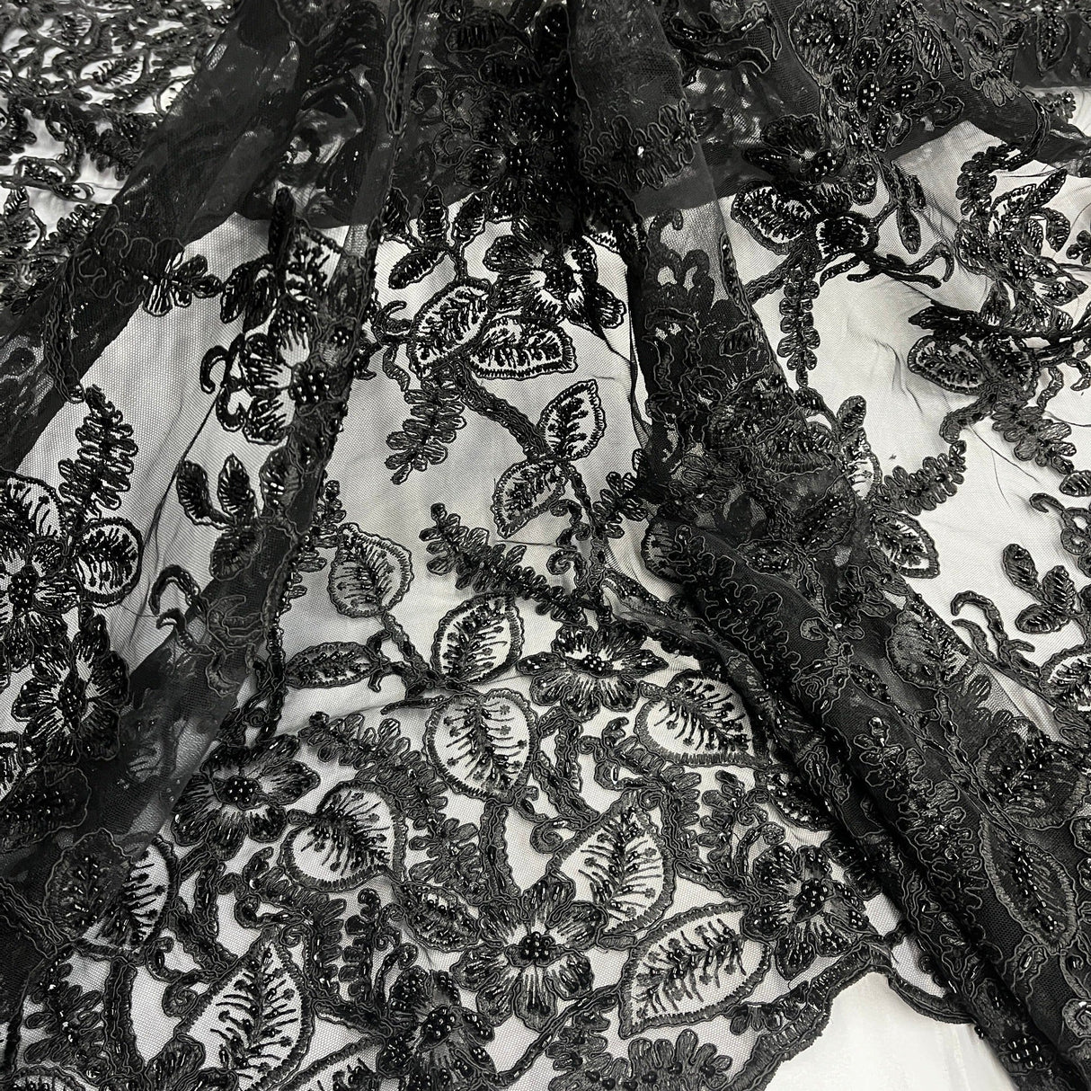 Beaded Corded Lace Fabric on Polyester Net Mesh
