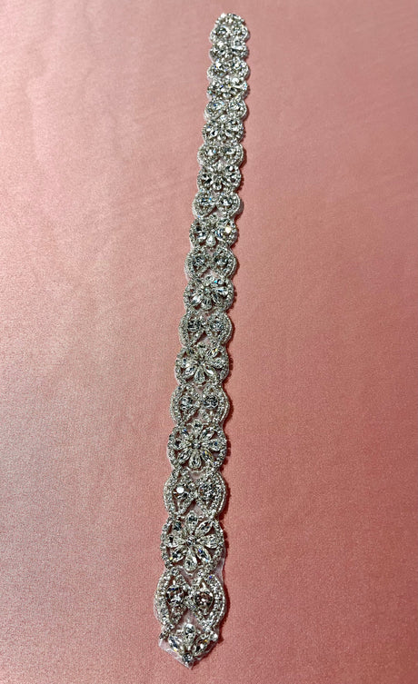 Crystal Floral Bridal Rhinestone Sash Applique 18.75" x 1.25"