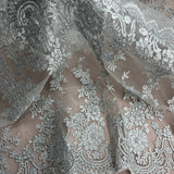 1 Yard Corded Bridal Lace Fabric with Elegant Floral Embroidery White