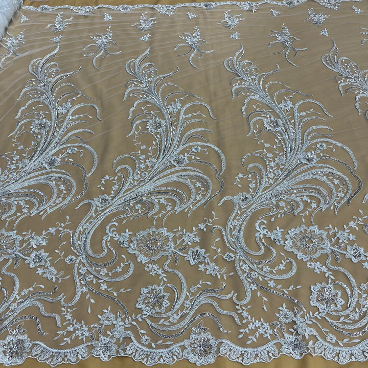 1 Yard Luxurious Beaded and Corded Bridal Lace Fabric Embroidered on 100% Polyester Net Mesh White