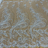 1 Yard Luxurious Beaded and Corded Bridal Lace Fabric Embroidered on 100% Polyester Net Mesh White