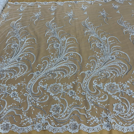 1 Yard Luxurious Beaded and Corded Bridal Lace Fabric Embroidered on 100% Polyester Net Mesh White