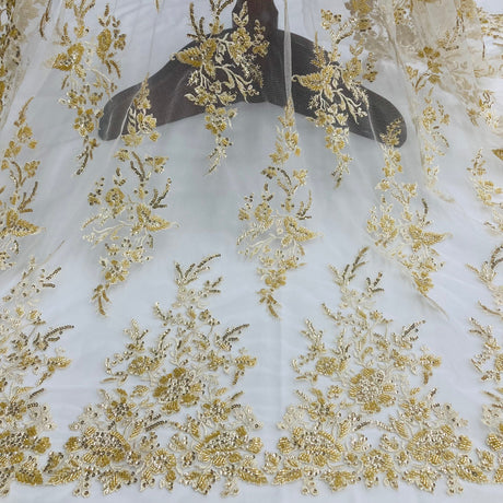 Beaded Sequined Lace Fabric - White, Gold, Silver, Ivory, Embroidered Net Mesh, 52" Width (1 Yard)